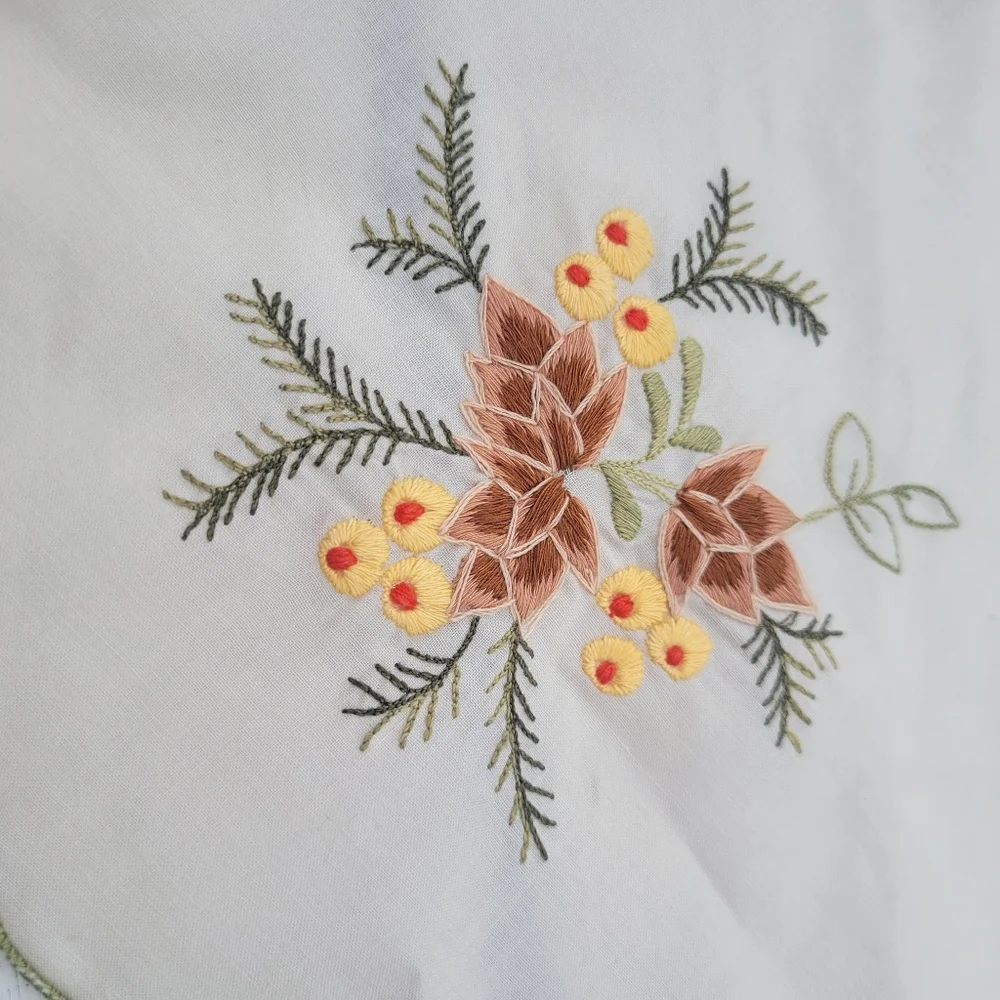 Vintage Table Linen Dresser Scarf ~ Embroidered Foliage~ Pinecones Berries